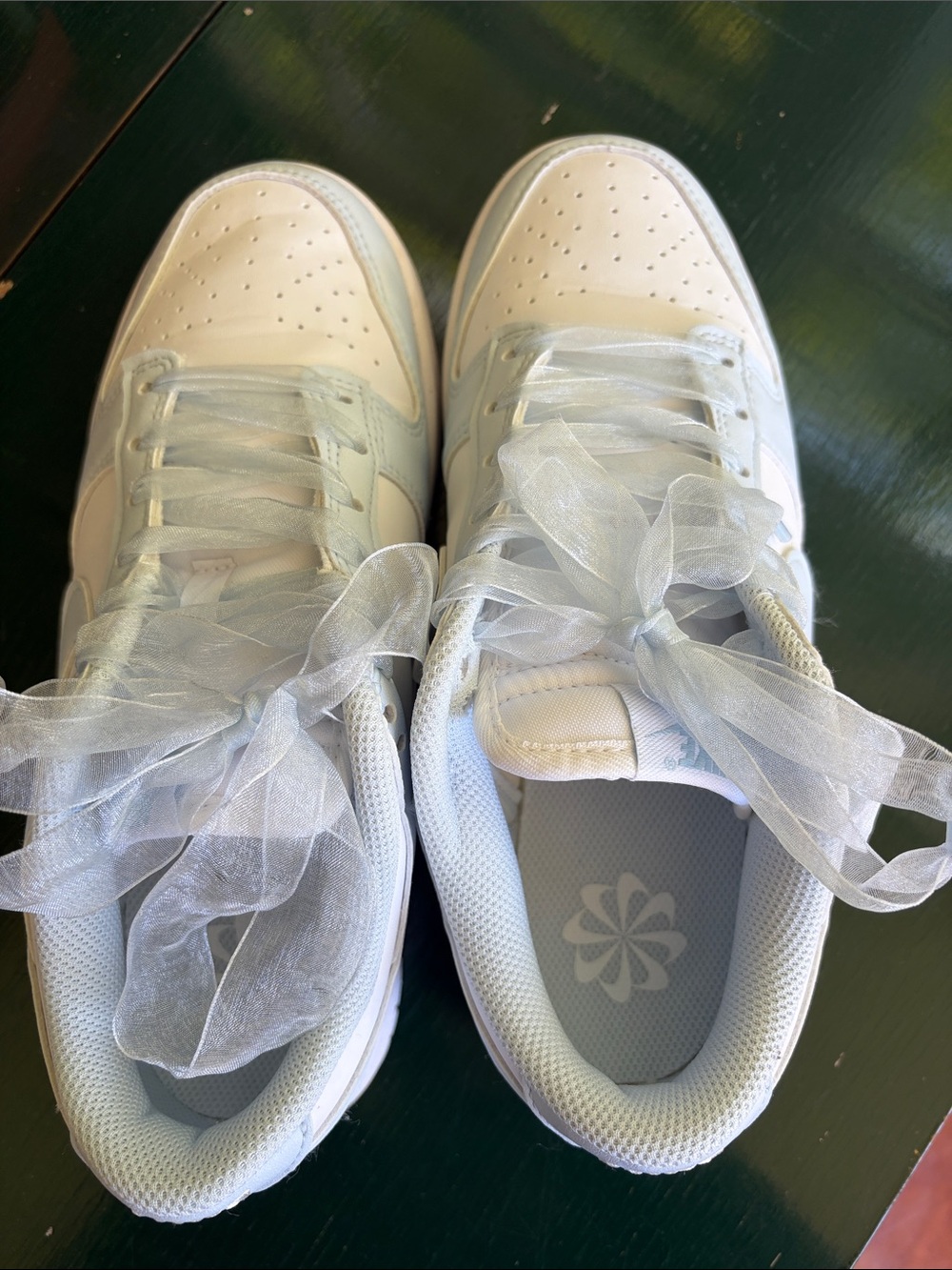 Women’s Nike Dunk Low Next Nature White Sneakers with Sheer Ribbon Laces